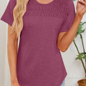 Crew Neck Short Sleeve Plain Regular Micro-Elasticity Regular Fit Shirt For Women, Blouses, color:Wine Red|size:XXL, catalog Noracora shop