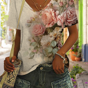 Women's Short Sleeve Tee/T-shirt Summer Floral Jersey V Neck Daily Going Out Casual Top Multicolor, JustFashionNow T-Shirts, color:Multicolor|size:XXL,