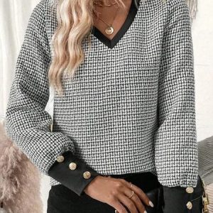 V Neck Long Sleeve Plaid Lace Regular Regular Fit Blouse For Women, Blouses, color:Black|size:XXL, catalog Noracora shop