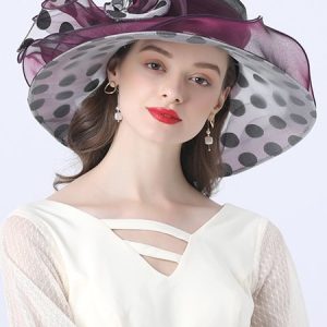 Elegant Imitation Pearl Organza Wide Brim Hats Applique Wedding Party Hat, Hats, color:Burgundy|size:One-size, Stylewe