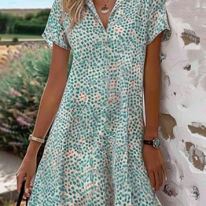 Women Ditsy Floral V Neck Half Sleeve Comfy Casual Knee Length Dress, Dresses, color:Green|size:XXL, catalog Noracora shop
