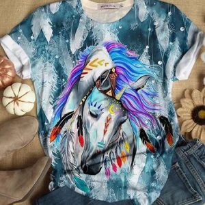 Casual Horse Crew Neck Short Sleeve T-shirt, T-shirts, color:Blue|size:XXL, catalog Noracora shop