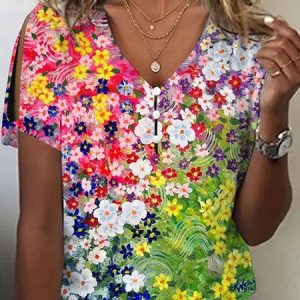 Buckle Floral Casual Loose T-Shirt, T-shirts, Lilicloth.com