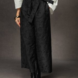 Urban Jacquard Belted Wide Leg Pants, Pants, color:Black|size:XXL, Stylewe
