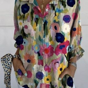 Shirt Collar Half Sleeve Floral Buckle Regular Micro-Elasticity Loose Shirt For Women, Shirts, color:Multicolor|size:3XL, catalog Noracora shop