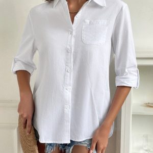 Loose Pockets Casual Cotton Blouse, Shirts, color:Grey|size:3XL, catalog Noracora shop