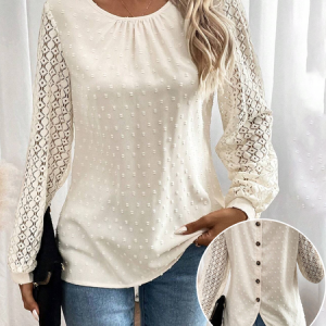 Crew Neck Long Sleeve Plain Jacquard Regular Loose Blouse For Women, Blouses, color:Apricot|size:XXL, catalog Noracora shop