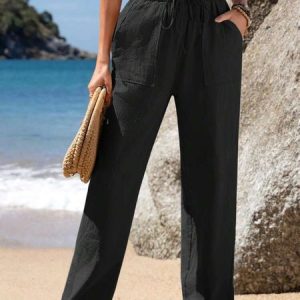 Casual Plain Long Elastic Waist Drawstring Pant, Pants, color:Black|size:3XL, catalog Noracora shop