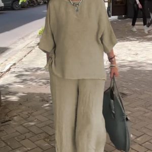 Women Plain Crew Neck Long Sleeve Comfy Casual Top With Pants Two-Piece Set, Sets, color:Khaki|size:5XL, catalog Noracora shop