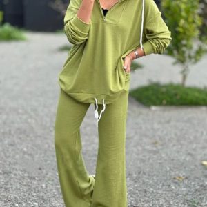Women Plain Hoodie Long Sleeve Comfy Casual Top With Pants Two-Piece Set, Sets, color:Green|size:5XL, catalog Noracora shop