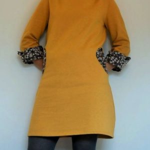 Casual Round Neck Floral-Print Solid Knitting Dress, Short, color:Yellow|size:3XL, catalog Noracora shop