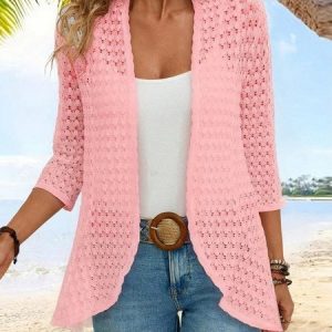 Women's 3/4 Sleeve Plain Jacquard Vacation Loose Cardigan / Kimono, JustFashionNow Cardigans, color:Pink|size:XXL,