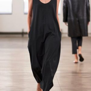 Black Casual Plain Round Neck Cotton-Blend Jumpsuits, Jumpsuits&Rompers, color:Black|size:3XL, catalog Noracora shop