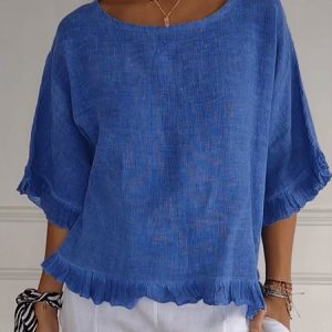 Crew Neck Dolman Sleeve Half Sleeve Plain Peplum Regular Loose Blouse For Women, Blouses, color:Blue|size:XXL, catalog Noracora shop