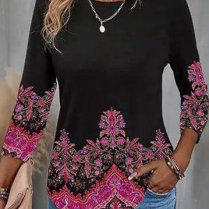 Casual Ethnic Crew Neck Three Quarter Sleeve T-shirt, T-shirts, color:Deep Pink|size:5XL, catalog Noracora shop