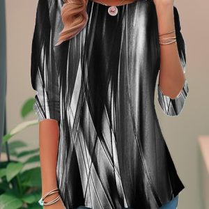 Casual Aurora Borealis Print Crew Neck Long Sleeve T-shirt, Shirts, color:Black-white|size:XXL, catalog Noracora shop
