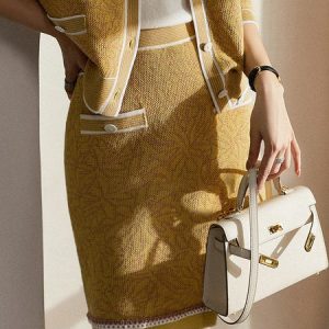 Regular Fit Floral Jacquard Elegant Skirt, Skirts, color:Yellow|size:XXL, Stylewe