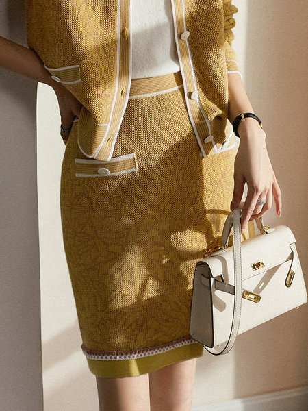Regular Fit Floral Jacquard Elegant Skirt, Skirts, color:Yellow|size:XXL, Stylewe
