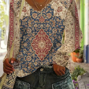 Casual Nationality/ethnic V Neck Long Sleeve T-shirt, T-shirts, color:Blue|size:XXL, catalog Noracora shop