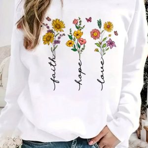 Casual Crew Neck Floral Sweatshirt, Hoodies & Sweatshirts, color:White|size:XXL, catalog Noracora shop