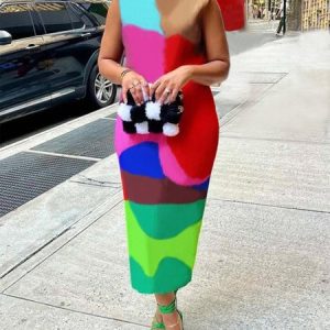 Sleeveless Elegant Random Print Crew Neck Midi Dress, Midi Dresses, color:As Picture|size:XXL, Stylewe