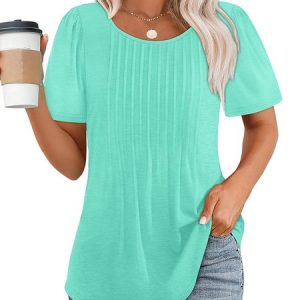 Crew Neck Short Sleeve Plain Regular Micro-Elasticity Loose Shirt For Women, Blouses, color:Aqua|size:XXL, catalog Noracora shop
