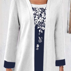 Crew Neck Long Sleeve Floral Regular Micro-Elasticity Regular Fit Mock Two-Piece Blouse For Women, Blouses, color:Deep Blue|size:XXL, catalog Noracora shop