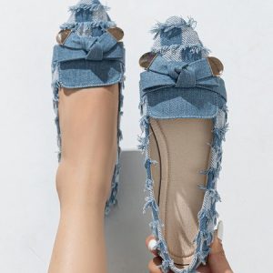 Fashionable Denim Plaid Fringe Bowknot Flat  Shallow Shoes, Flats, color:Blue|size:43, Stylewe