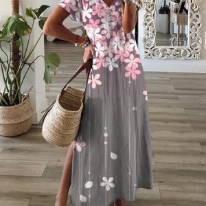 Casual Floral Short Sleeve V Neck Printed Dress, Maxi, color:Pink|size:XXL, catalog Noracora shop