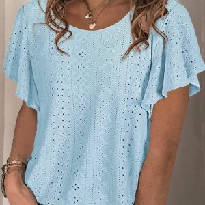 Women's Short Sleeve Tee T-shirt Summer Plain Lace Lace Crew Neck Daily Going Out Casual Top Black, JustFashionNow T-Shirts, color:Sky Blue|size:XXL,