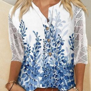 Notched Three Quarter Sleeve Floral Buckle Regular Loose Blouse For Women, Blouses, color:Blue|size:5XL, catalog Noracora shop