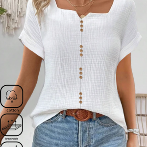 Notched Short Sleeve Plain Buckle Regular Loose Blouse For Women, Blouses, color:White|size:XXL, catalog Noracora shop