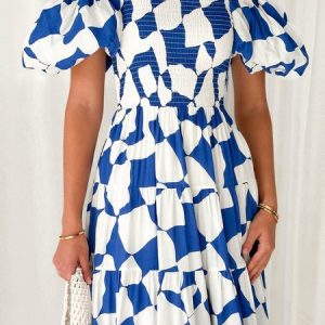 Women wedding guest dress Geometric Boat Neck Short Sleeve Comfy Casual Midi Dress, Maxi, color:Blue-White|size:XL, catalog Noracora shop