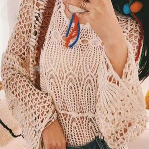 Crew Neck Long Sleeve Plain Hollow Out Regular Loose Shirt For Women, Blouses, color:Apricot|size:M, catalog Noracora shop