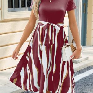 Women Striped Crew Neck Short Sleeve Comfy Casual Midi Dress, Midi, color:Wine Red|size:XXL, catalog Noracora shop