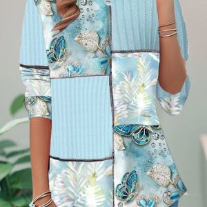 Casual Floral  Color Block Soft Crew Neck Long Sleeve T-shirt, T-shirts, color:Blue|size:XXL, catalog Noracora shop