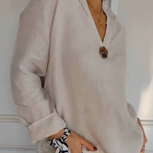 V Neck Long Sleeve Plain Regular Loose Blouse For Women, Blouses, color:Camel|size:3XL, catalog Noracora shop