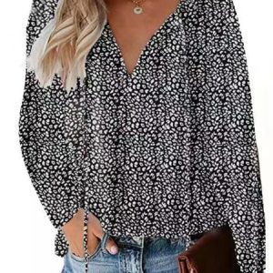 V Neck Long Sleeve Ditsy Floral Regular Loose Blouse For Women, Blouses, color:Black|size:XXL, catalog Noracora shop