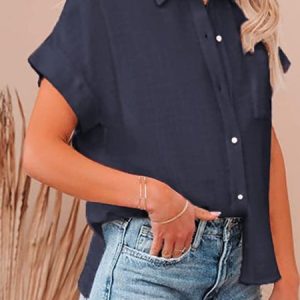 Shirt Collar Short Sleeve Plain Regular Loose Blouse For Women, Shirts, color:Navyblue|size:XXL, catalog Noracora shop