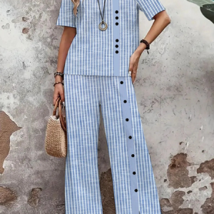 Women's Cotton And Linen Striped Daily Going Out Two Piece Set Short Sleeve Casual Summer Top With Pants Matching Set Blue, JustFashionNow Suit Set, color:Blue|size:XXL,