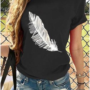Black Shift Daily Feather Printed Crew Neck Casual T-shirt, T-shirts, color:Black|size:3XL, catalog Noracora shop