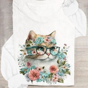 Floral And Cat Cotton-Blend Casual Crew Neck T-Shirt, Long sleeves, Lilicloth.com