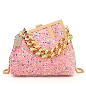 Glamorous Irregular Sequin Clutch Metal Chain Handbag with Crossbody Strap, Bags, color:Pink|size:One-size, Stylewe