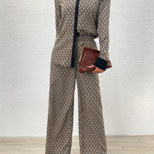 Women Geometric Shirt Collar Long Sleeve Comfy Casual Top With Pants Two-Piece Set, Sets, color:Coffee|size:XL, catalog Noracora shop