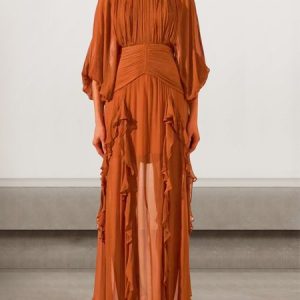 Women Polka Dots Crew Neck Half Sleeve Comfy Sexy Maxi Dress, Dinner dress, color:Orange|size:XL, catalog Noracora shop