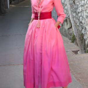 Shirt Collar Long Sleeve Regular Sleeve Urban Regular Fit Gradient Pattern Shirt Dress With Belt, Maxi Dresses, color:As Picture|size:XXL, Stylewe