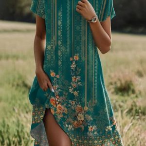 Women Floral Crew Neck Short Sleeve Comfy Casual Midi Dress, Midi, color:Green|size:XXL, catalog Noracora shop