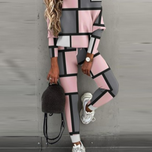 Women Abstract Graphic Crew Neck Long Sleeve Comfy Casual Top With Pants Two-Piece Set, Sets, color:Pink|size:XXL, catalog Noracora shop