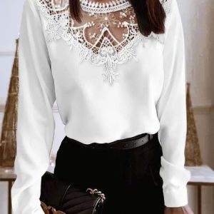 Long Sleeve Plain Regular Regular Fit Blouse For Women, Blouses, color:White|size:XXL, catalog Noracora shop