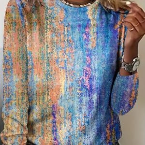 Casual Gradient Pattern Crew Neck Long Sleeve T-shirt, Blouses, color:Multicolor|size:XXL, catalog Noracora shop